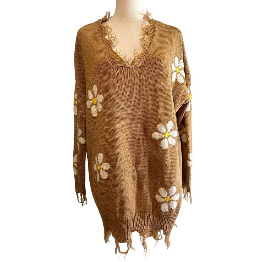 Just Polly New York Brown w/ Daisy Sweater SZ L Distressed V-neck Raw Edge